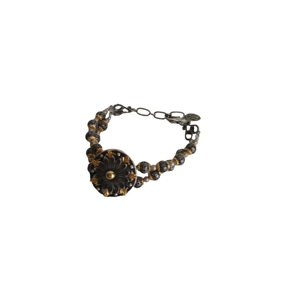 *Michal Golan Adjustable Bracelet Gold and Pewter Tone Beads and Medallion